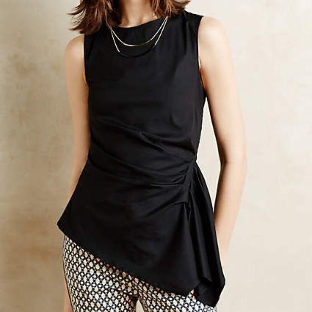 ANTHROPOLOGIE Gathered Poplin Tank Sleeveless Black Top Asymmetric Hem NWT